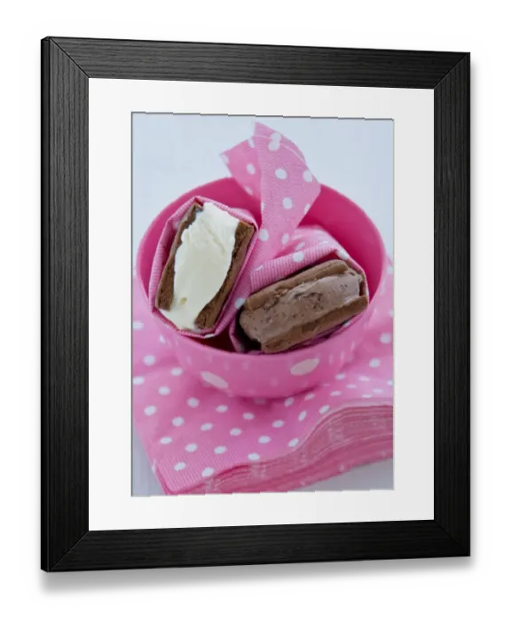 Framed Print : Chocolate and vanilla icecream in homemade chocolate biscuits wrapped in spotty pink Framed Print : Chocolate and vanilla icecream in homemade chocolate biscuits wrapped in spotty pink