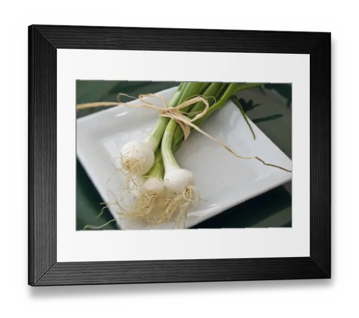 Framed Print : Small bindle of fresh salad onions on white plate credit: Marie-Louise Avery  / 
