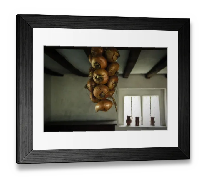 Framed Print : String of onions hanging in interior of period house at Singleton, West Sussex, UK Framed Print : String of onions hanging in interior of period house at Singleton, West Sussex, UK