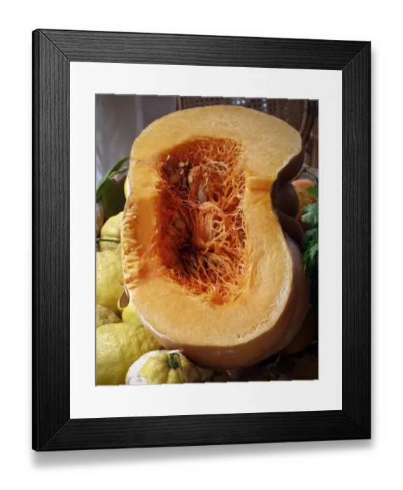 Framed Print : Huge pumpkin cut through showing fibrous interior with seeeds, surrounded by large Framed Print : Huge pumpkin cut through showing fibrous interior with seeeds, surrounded by large