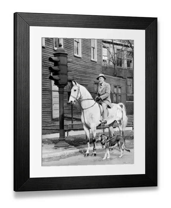 Framed Print : Mr Roberts Coleman on his horse Northern Star is halted at a Chicago road crossing