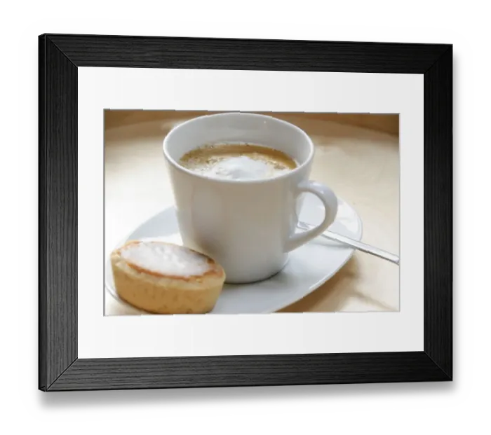Framed Print : Cup of cappuccino with mazarin, almond tart credit: Marie-Louise Avery / thePictureKitchen Framed Print : Cup of cappuccino with mazarin, almond tart credit: Marie-Louise Avery / thePictureKitchen