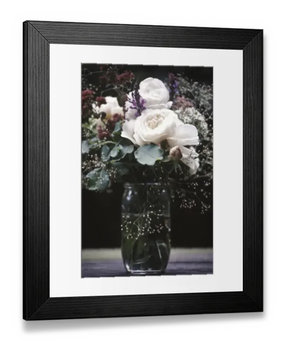 Framed Print : Old fashioned posy of full blown roses and gypsophila aganst dark background credit Framed Print : Old fashioned posy of full blown roses and gypsophila aganst dark background credit