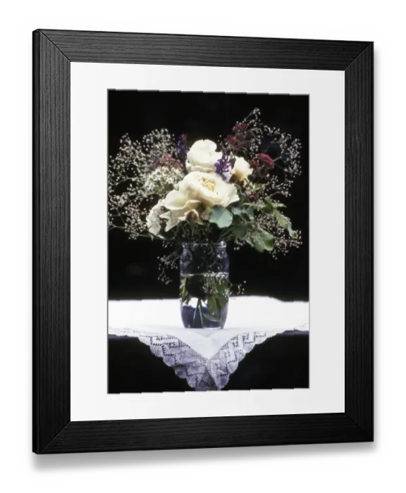 Framed Print : Old fashioned posy of full blown roses and gypsophila aganst dark background credit