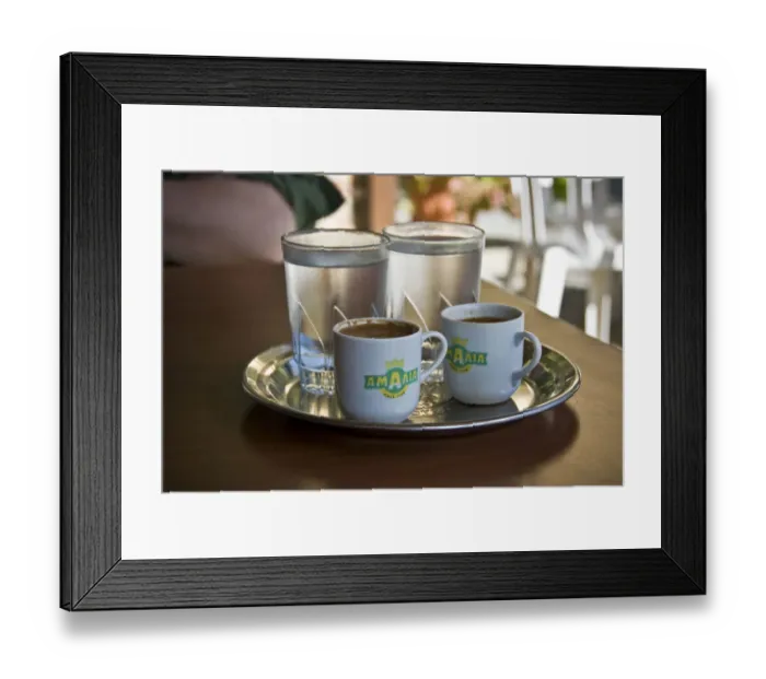 Framed Print : Two little cups of Greek coffee with accompanying glasses of water served in Cypriot Framed Print : Two little cups of Greek coffee with accompanying glasses of water served in Cypriot