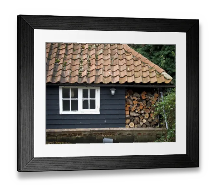 Framed Print : Detail of wooden cottage in Kent, painted with black tar in traditional style Framed Print : Detail of wooden cottage in Kent, painted with black tar in traditional style