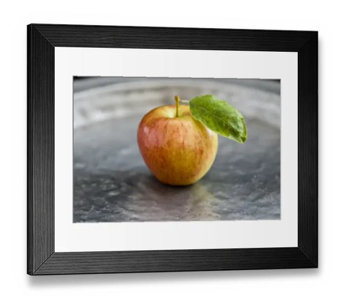 Framed Print : Apple with leaf on pewter charger credit: Marie-Louise Avery / thePictureKitchen Framed Print : Apple with leaf on pewter charger credit: Marie-Louise Avery / thePictureKitchen