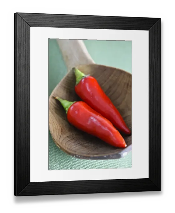 Framed Print : Shiny red chilli peppers in big wooden spoon credit: Marie-Louise Avery  /  thePictureKitchen