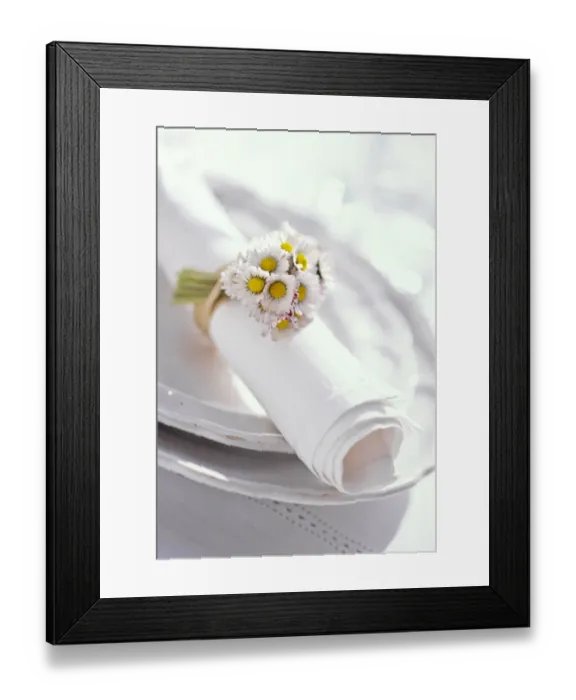Framed Print : Rolled white napkin tied with a bunch of daisies, on white plates. credit: Marie-Louise Framed Print : Rolled white napkin tied with a bunch of daisies, on white plates. credit: Marie-Louise