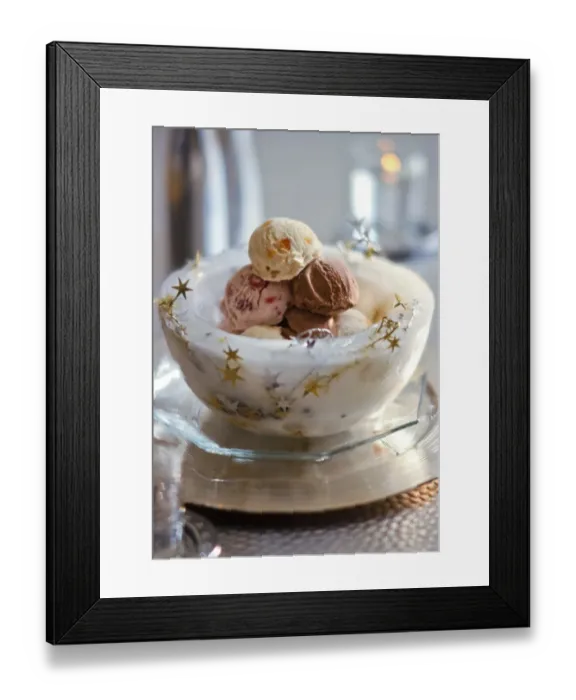 Framed Print : Ice bowl with stars holding balls of mixed icecreams for Christmas party credit Framed Print : Ice bowl with stars holding balls of mixed icecreams for Christmas party credit