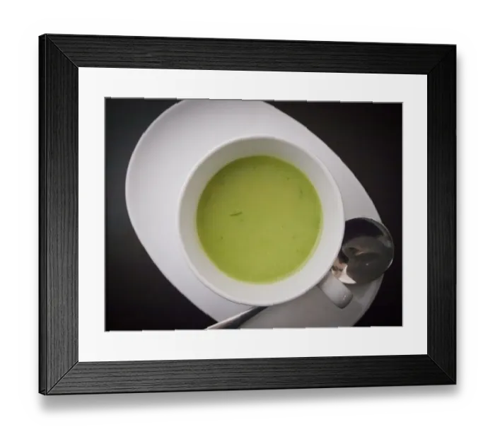 Framed Print : Fresh chilled summer soup of frozen peas, chicken stock, cumin and tarragon Framed Print : Fresh chilled summer soup of frozen peas, chicken stock, cumin and tarragon