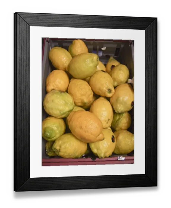 Framed Print : Knobbly mediterranean lemons for sale in Swedish local corner store credit: Marie-Louise
