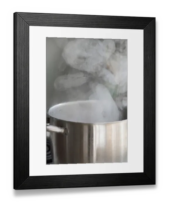 Framed Print : Steam from water boiling in stainless steel saucepan on hob credit: Marie-Louise