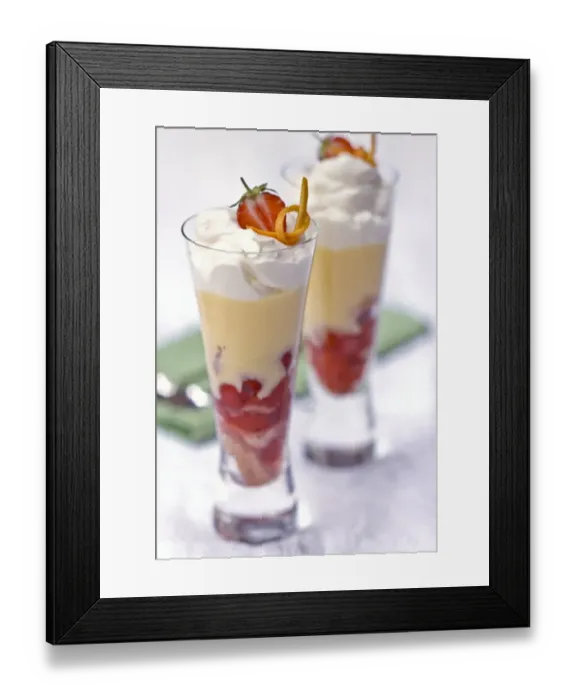 Framed Print : Individual strawberry trifle in tall glasses credit: Marie-Louise Avery / thePictureKitchen Framed Print : Individual strawberry trifle in tall glasses credit: Marie-Louise Avery / thePictureKitchen