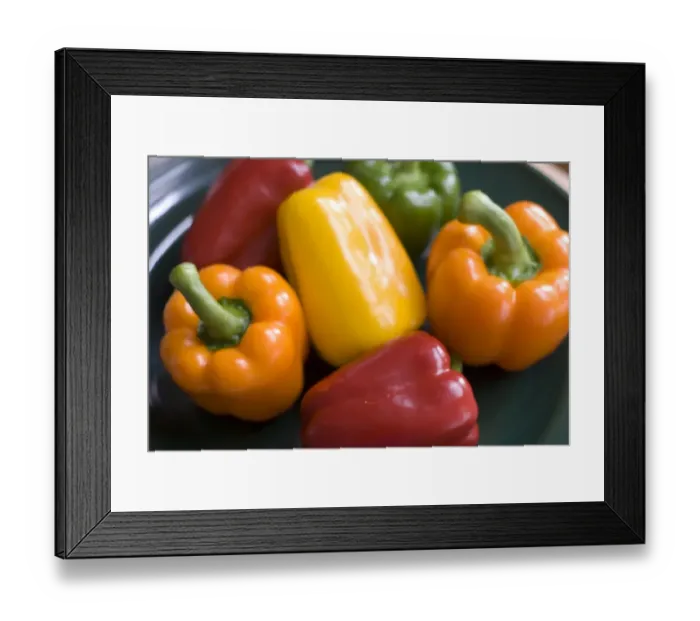 Framed Print : Selection of shiny resh sweet peppers on green plate credit: Marie-Louise Avery Framed Print : Selection of shiny resh sweet peppers on green plate credit: Marie-Louise Avery