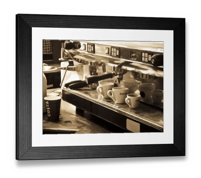 Framed Print : Interior details of Costa coffee shop at motorway service station, showing espresso