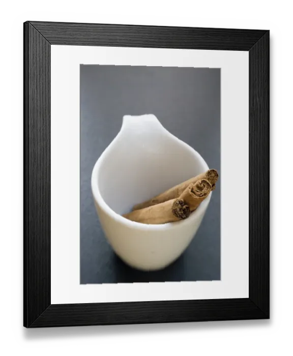 Framed Print : Sticks of cinnamon in small white cup credit: Marie-Louise Avery  /  thePictureKitchen