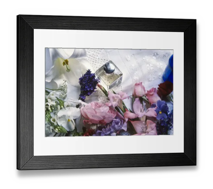 Framed Print : Flowers, scent bottle and lace - prettiness credit: Marie-Louise Avery  /  thePictureKitchen