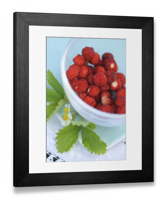 Framed Print : Small glass bowl of freshly gathered wild strawberries with flowers and leaves credit Framed Print : Small glass bowl of freshly gathered wild strawberries with flowers and leaves credit