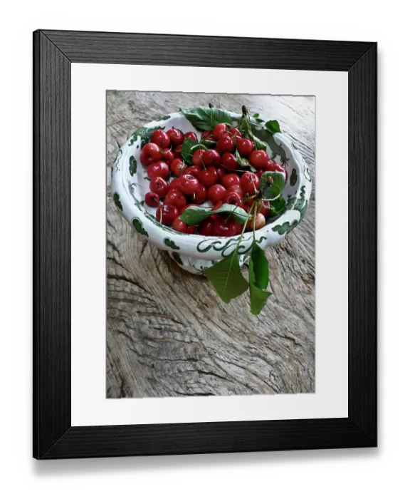Framed Print : Freshly picked cherries from a Kentish garden in decorative pedestal bowl on rustic