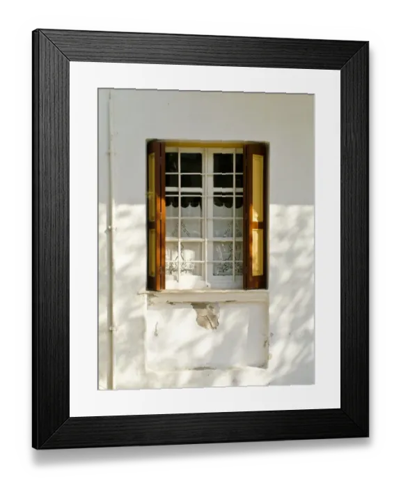 Framed Print : Window in white house in dappled sunlight with white embroidered cutwork curtain Framed Print : Window in white house in dappled sunlight with white embroidered cutwork curtain