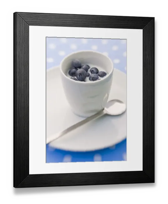 Framed Print : Summer breakfast of whole fresh blueberries in little bowl with cold milk credit Framed Print : Summer breakfast of whole fresh blueberries in little bowl with cold milk credit