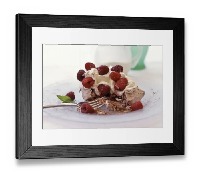 Framed Print : Chocolate meringue with whipped cream and fresh raspberries credit: Marie-Louise Framed Print : Chocolate meringue with whipped cream and fresh raspberries credit: Marie-Louise
