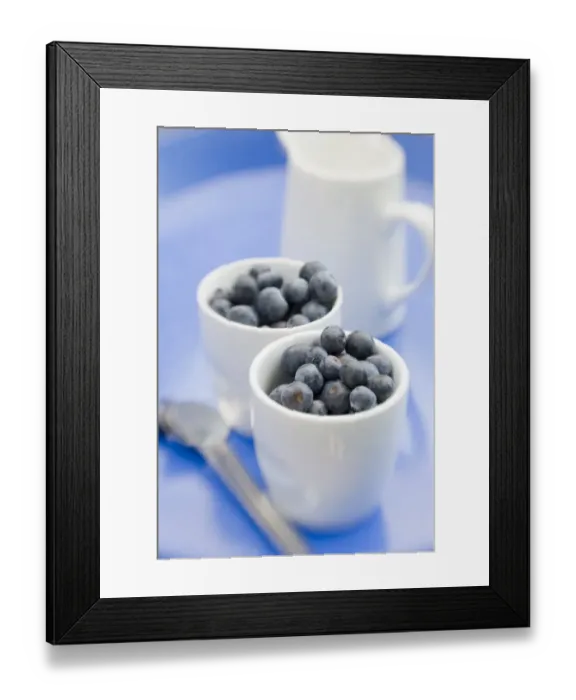 Framed Print : Fresh blueberries in little white pots with jug of milk or cream credit: Marie-Louise