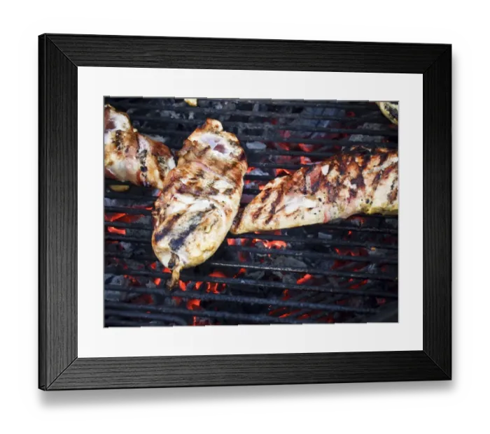 Framed Print : Chicken fillets wrapped in parma ham on the barbecue credit: Marie-Louise Avery Framed Print : Chicken fillets wrapped in parma ham on the barbecue credit: Marie-Louise Avery
