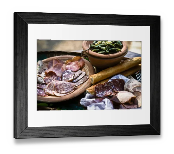 Framed Print : Selection of Italian cold, cired meats and salamis, with gherkins and French bread