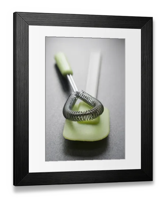 Framed Print : Cookery equipment, , wire whisk and green plastic and silicone spatula credit: Marie-Louise Framed Print : Cookery equipment, , wire whisk and green plastic and silicone spatula credit: Marie-Louise