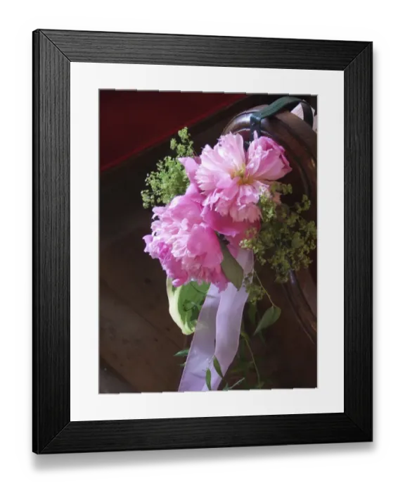 Framed Print : Paeonies and alchemilla mollis as pew end decoration, for summer wedding in country Framed Print : Paeonies and alchemilla mollis as pew end decoration, for summer wedding in country
