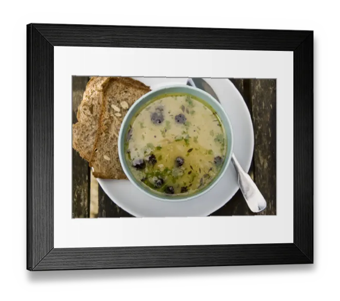 Framed Print : Bowl of chicken soup with Cypriot trahanas, purple sprouting broccoli and chopped parsley Framed Print : Bowl of chicken soup with Cypriot trahanas, purple sprouting broccoli and chopped parsley