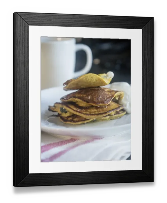 Framed Print : Breakfast pancakes made with a batter of a banana, two eggs, and 2 tablespoons of Framed Print : Breakfast pancakes made with a batter of a banana, two eggs, and 2 tablespoons of