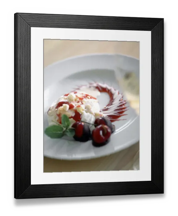 Framed Print : Sophisticated dessert of portion of cherry pavlova with cherries dipped in chocolate