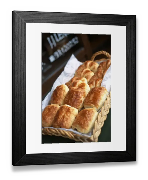 Framed Print : Freshly baked pains au chocolat outside French patisserie, JJ Lenoir, in Valbonne