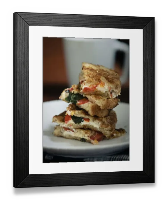 Framed Print : Toasted sandwich of gluten free bread with goats cheese feta, tomatoes and basil
