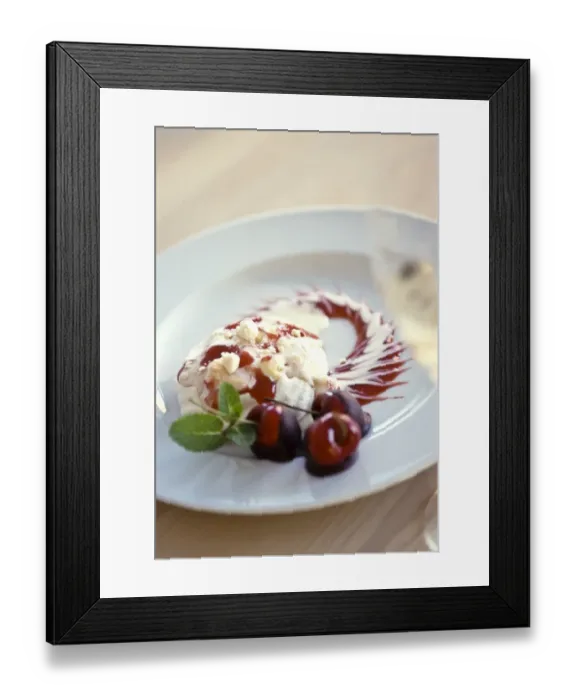 Framed Print : Spectacular, dessert of meringue with vanilla ice cream, cherry coulis and fresh Framed Print : Spectacular, dessert of meringue with vanilla ice cream, cherry coulis and fresh