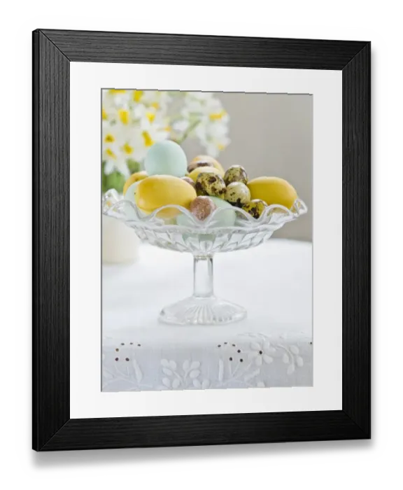 Framed Print : Glass stand with hand painted eggs including quais eggs credit: Marie-Louise Avery