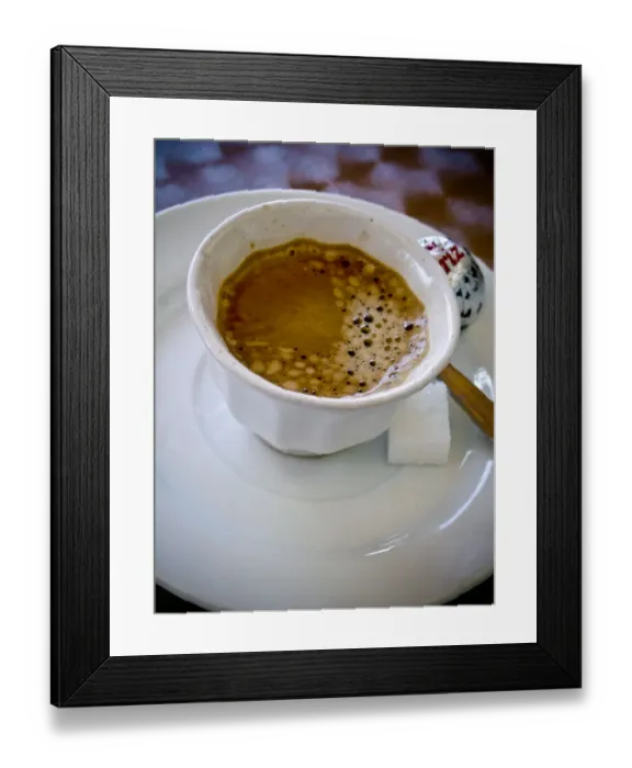 Framed Print : Small handleless cup of strong Turkish coffee on cafe table credit: Marie-Louise Framed Print : Small handleless cup of strong Turkish coffee on cafe table credit: Marie-Louise