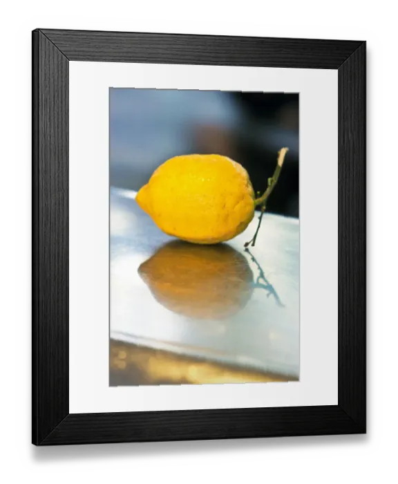 Framed Print : Single yellow lemon on stainless steel counter credit: Marie-Louise Avery / thePictureKitchen Framed Print : Single yellow lemon on stainless steel counter credit: Marie-Louise Avery / thePictureKitchen