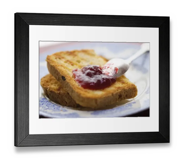 Framed Print : Home made jam on toast made from gluten free bread with silver spoon Framed Print : Home made jam on toast made from gluten free bread with silver spoon