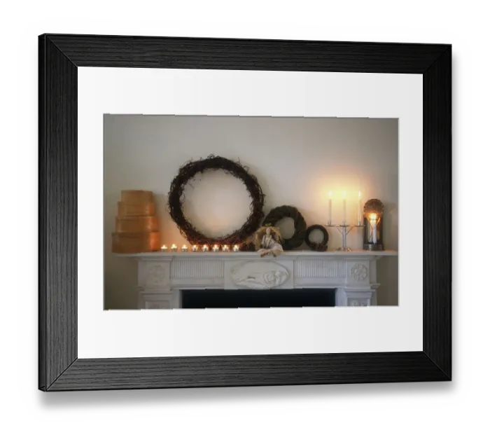 Framed Print : Chimney piece in pale interior with shaker style chritmas decorations and objects