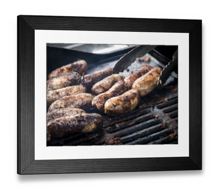 Framed Print : Free range pork sausages being grilled at Penshurst farmers market Framed Print : Free range pork sausages being grilled at Penshurst farmers market