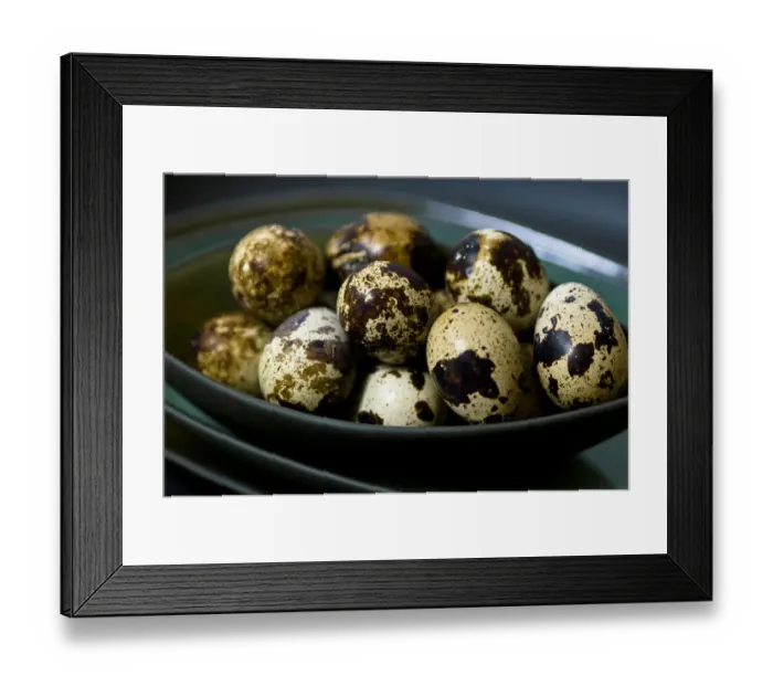 Framed Print : Quails eggs in their shells in dark green bowls stacked credit: Marie-Louise Avery