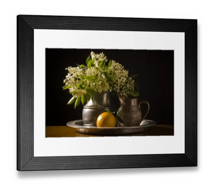 Framed Print : Elderflowers and orange with leaves on pewter charger with black background credit Framed Print : Elderflowers and orange with leaves on pewter charger with black background credit