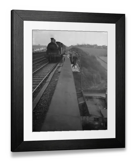 Framed Print : Railway workers stand on a scaffold frame on the edge of the viaduct as a steam engine Framed Print : Railway workers stand on a scaffold frame on the edge of the viaduct as a steam engine