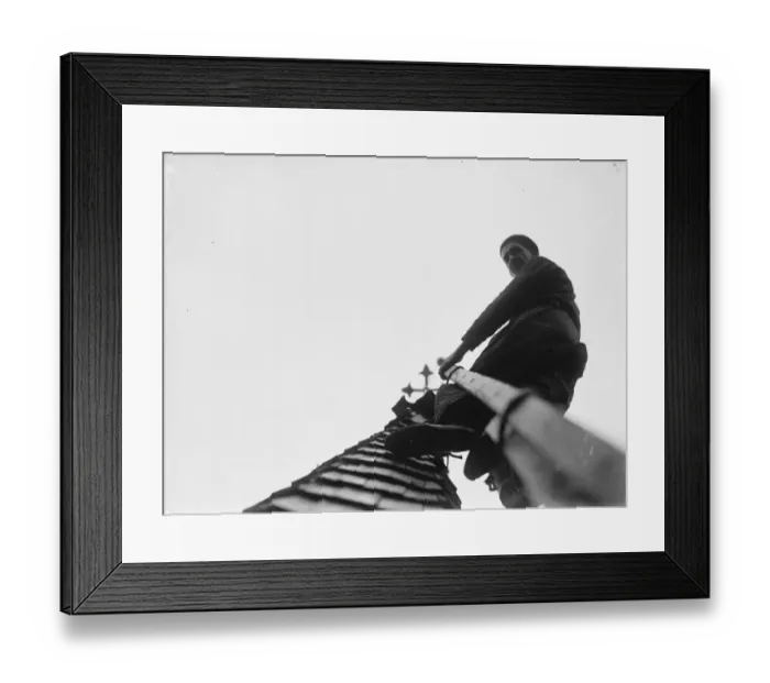 Framed Print : Man working up on the steeple of North Cray Church, Kent. 1936 Framed Print : Man working up on the steeple of North Cray Church, Kent. 1936