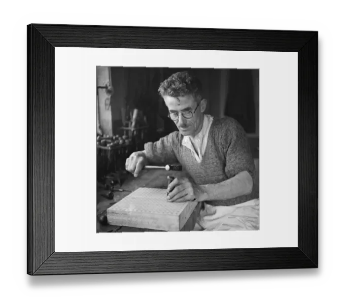 Framed Print : Block making in Wilmington, Kent. Mr E G Hitchens a blockmaker at work Framed Print : Block making in Wilmington, Kent. Mr E G Hitchens a blockmaker at work