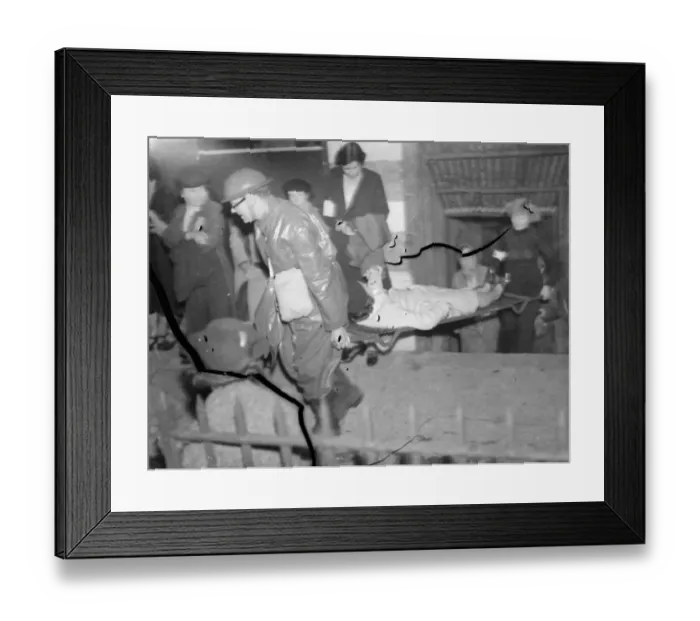 Framed Print : Casualties are being loaded into the back of a lorry during an air raid drill Framed Print : Casualties are being loaded into the back of a lorry during an air raid drill